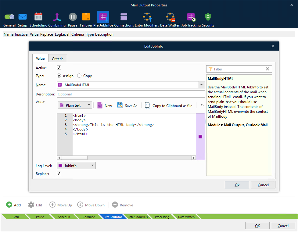 The Edit JobInfo window displayed when adding MailBodyHTML as a pre-jobinfo to the mail output module.